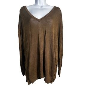 J.Crew Brown Linen Blend V-Neck Side Button Relaxed Fit Sweater Womens XL